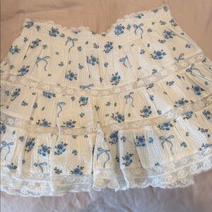 LoveShackFancy Cream and Blue Floral Mini Skirt